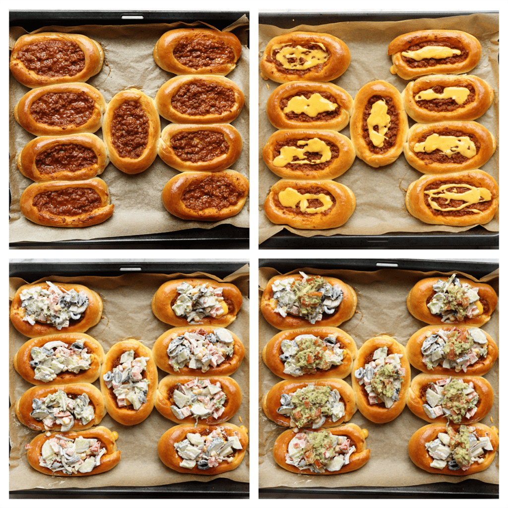 Garneer de gehaktbroodjes met saus, romige salade en guacamole. Eet smakelijk!