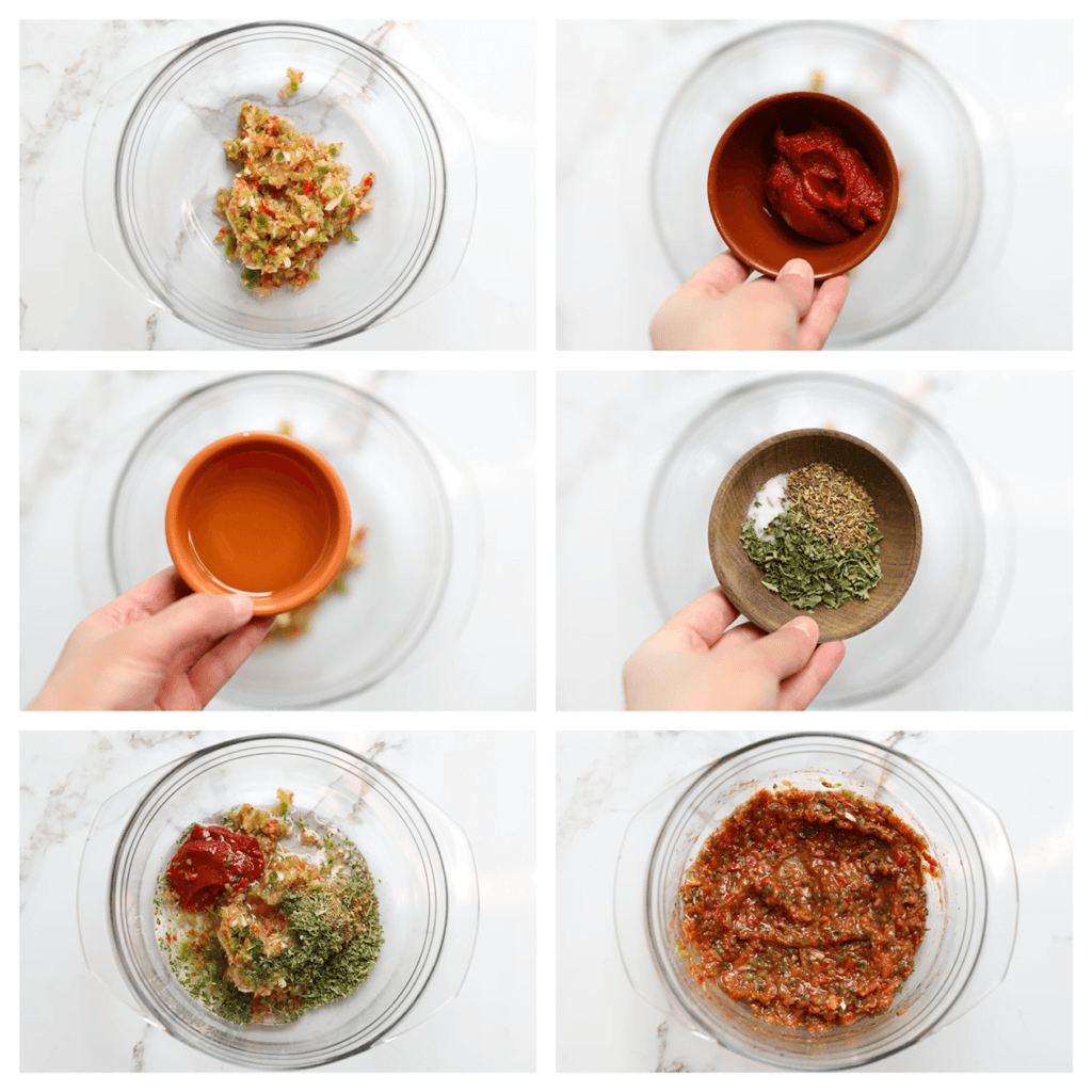 Doe de 200 gram groentemengsel in een diepe kom. Voeg de tomatenpuree, zonnebloemolie, Italiaanse kruiden, gedroogde peterselie en het zout toe. Meng alles tot een geheel.