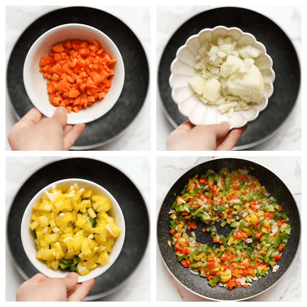 Verhit de zonnebloemolie in een koekenpan op middelhoog vuur. Voeg wortel, gele ui, gele paprika en groene paprika toe. Bak gedurende 2-3 minuten.