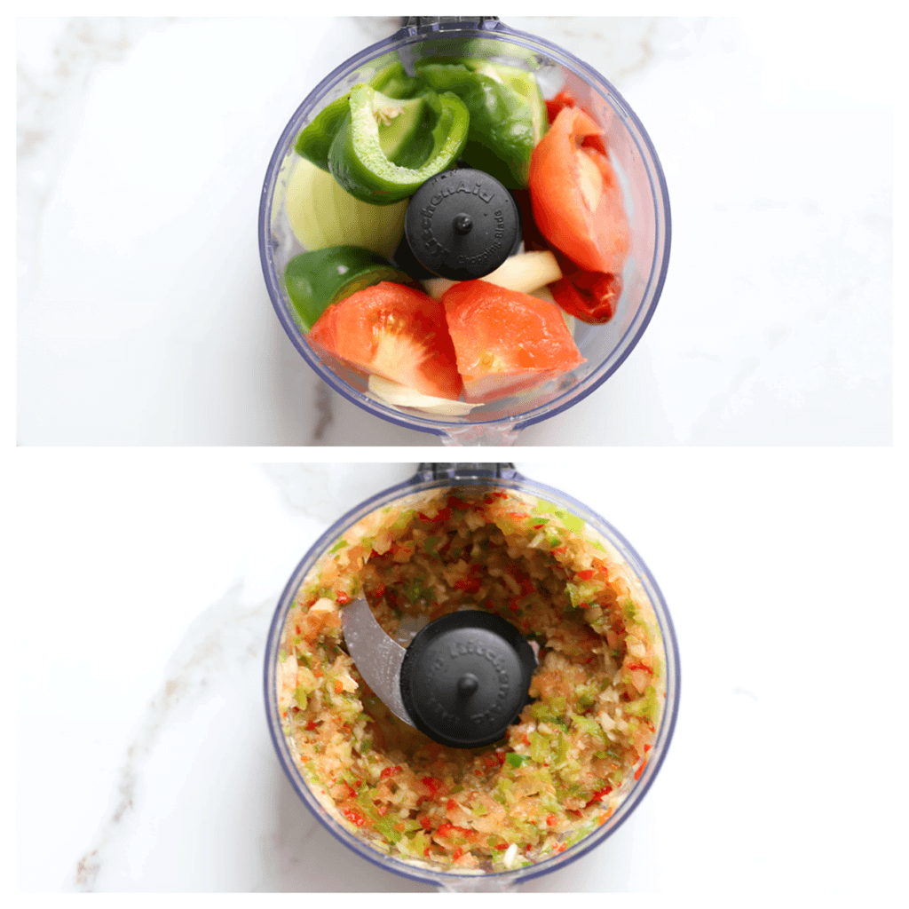 Snijd de tomaat, gele ui, groene paprika en rode paprika in grove stukken. Doe de groenten in een hakmolen en maal ze niet al te fijn. Verdeel het groentemengsel in twee delen (200 gram en het overige deel laat je staan).