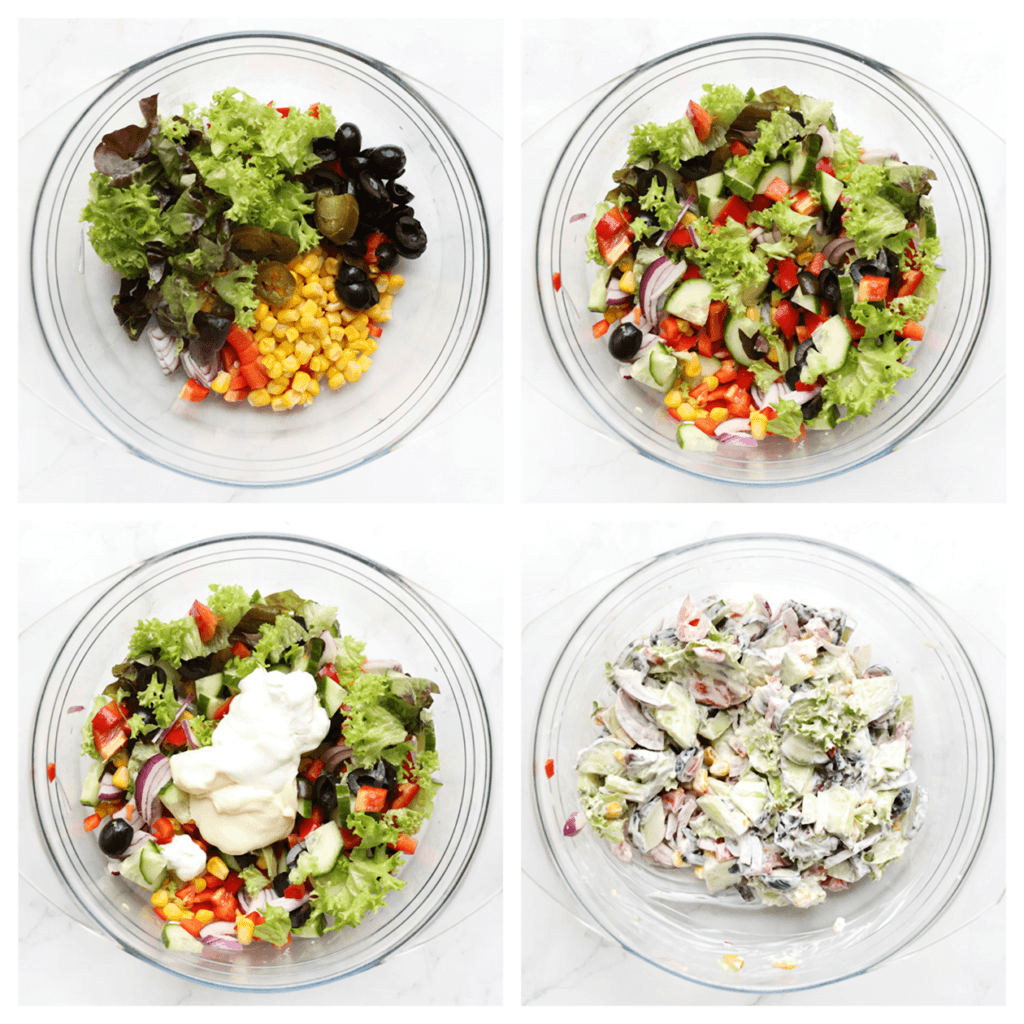 Snijd de sla, paprika, rode ui, olijven en komkommer klein. Doe deze in een diepe kom en voeg de maïs toe. Meng goed. Voeg de mayonaise toe en meng tot een geheel.