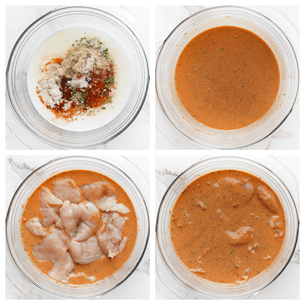 Was en snijd de kipfilet in platte stukken. Doe de karnemelk samen met het ei, zout, uienpoeder, knoflookpoeder, paprikapoeder, de saladekruiden, cayennepeper, korianderpoeder en chilisaus in een diepe kom. Meng goed. Voeg de kip toe en zet 30 minuten afgedekt in de koelkast. Schep 50 ml van het karnemelkmengsel eruit en zet deze apart.