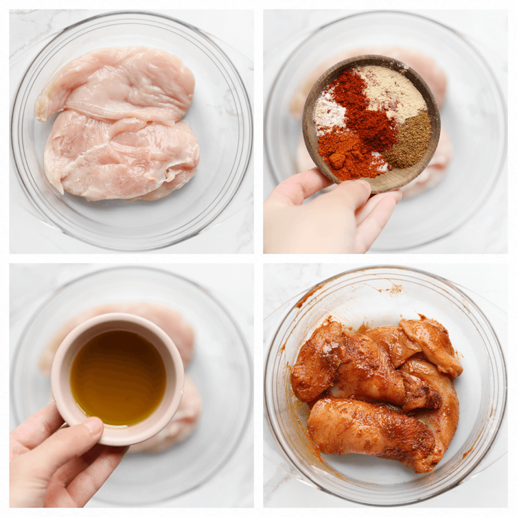 Was de kip en snijd deze in plakjes. Doe de plakjes in een diepe kom en voeg het zout, komijnpoeder, uienpoeder, knoflookpoeder, cayennepeper, paprikapoeder en olijfolie toe. Meng goed.