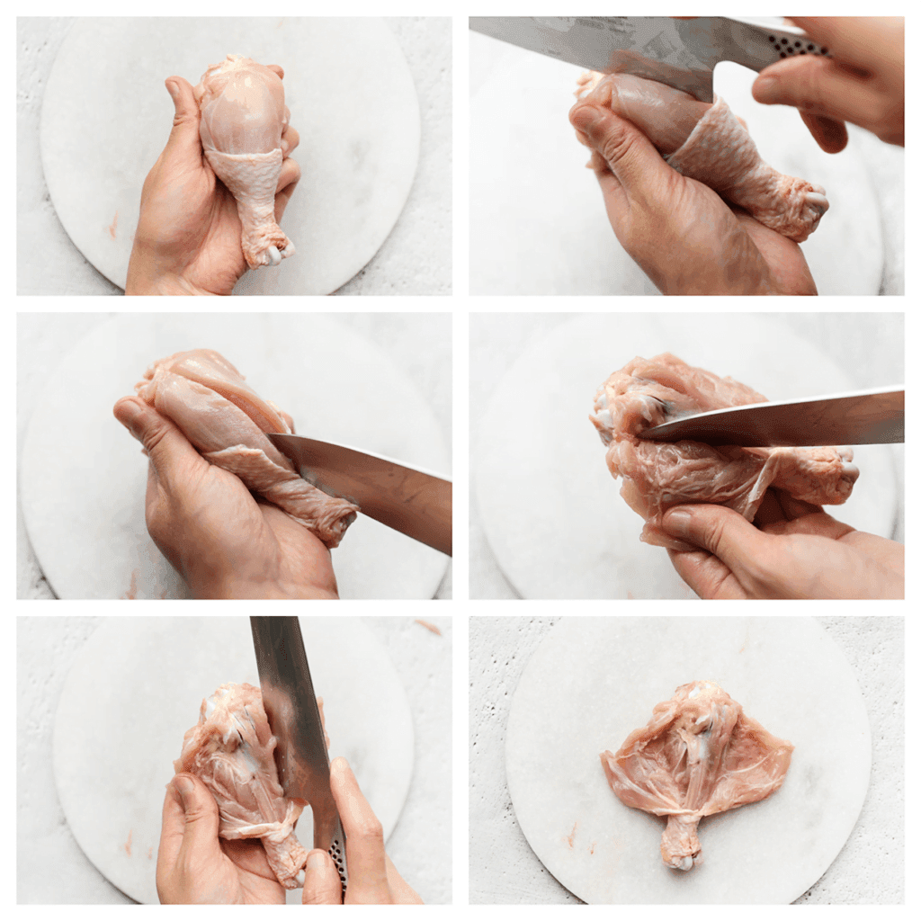 Was de kippenpoten. Verwijder het vel of laat ze zo. Neem een kippenpoot en snijd deze verticaal doormidden. Snijd het vlees langs het bot, maar niet te diep.