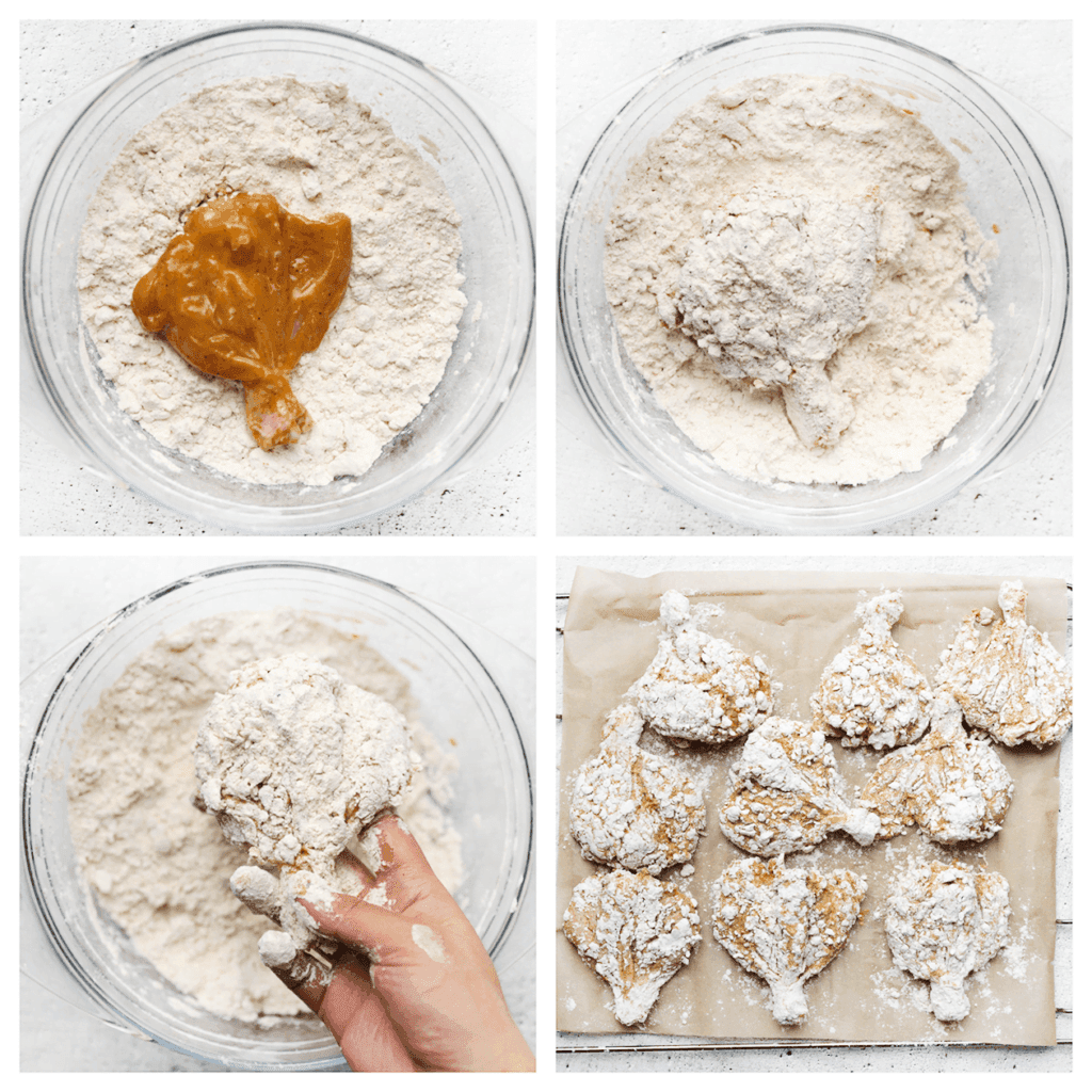 Haal de kippenpoten volledig door het bloemmengsel en leg ze op een vel bakpapier. Je kunt ze nogmaals door het karnemelkmengsel en bloemmengsel halen voor een extra knapperige korst.