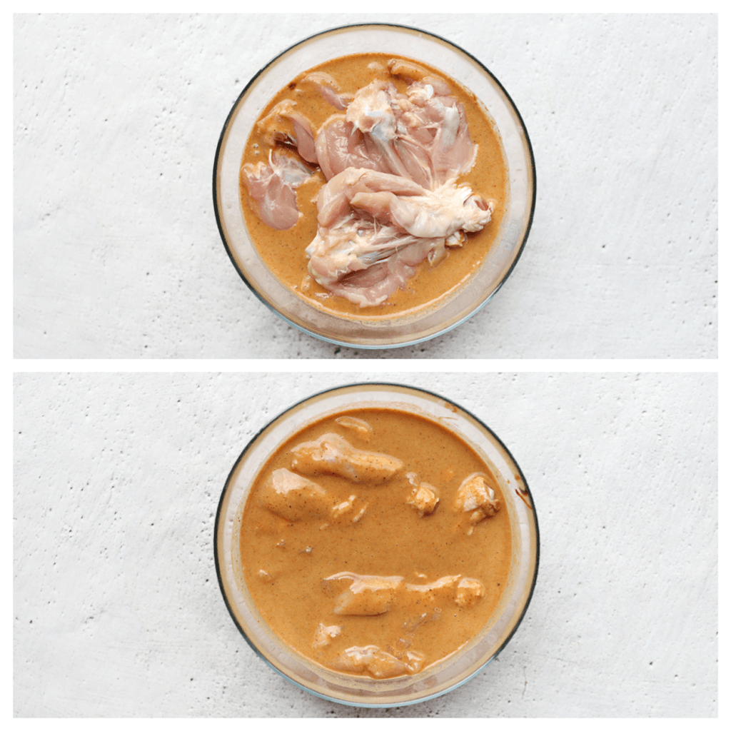 Voeg de kippenpoten toe en laat ze 30 minuten marineren. Je kunt ze langer laten marineren zodat de smaken goed kunnen intrekken. Schep 60 ml van het karnemelkmengsel uit de kom en zet dit apart (zie volgende stap).