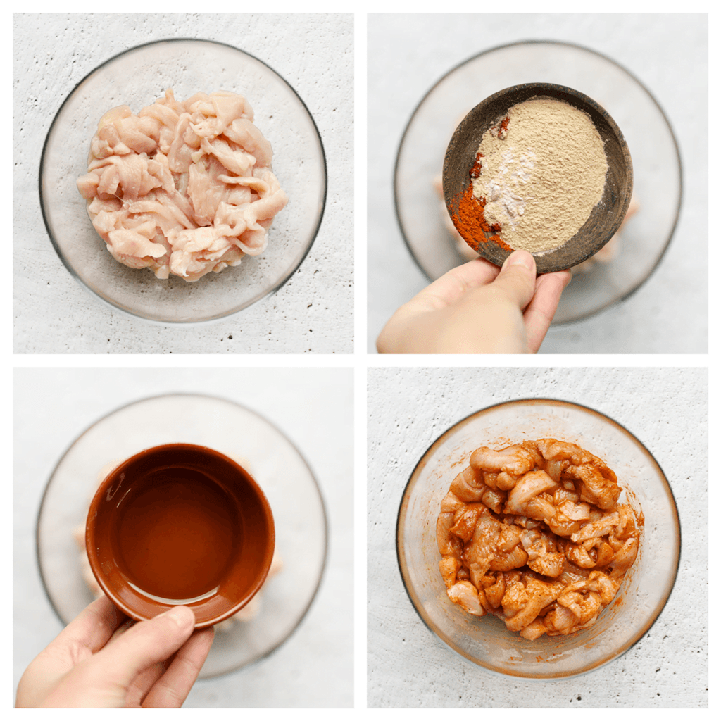 Was de kip en snijd deze in dunne reepjes. Doe de kip in een diepe kom en voeg zout, knoflookpoeder, uienpoeder, paprikapoeder, cayennepeper, zwarte peper en zonnebloemolie toe. Meng alles goed door elkaar en laat het vervolgens afgedekt in de koelkast rusten.