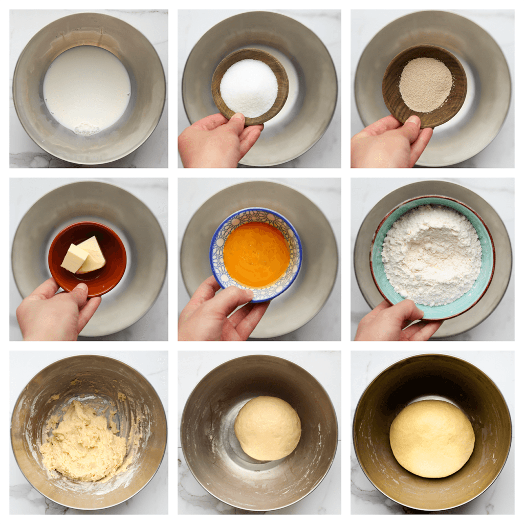 Giet de lauwwarme melk (70 ml) in een diepe kom en voeg de gist toe. Meng goed. Voeg de roomboter, het geklutste ei, de suiker en bloem toe. Kneed 10 minuten tot een mooi geheel. Dek af en laat 1 uur rijzen.