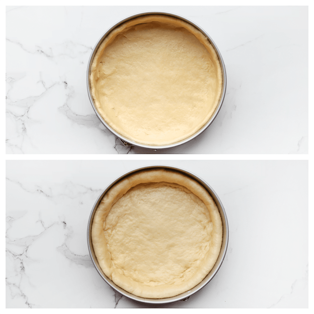 Vul de springvorm met het koekjesdeeg en druk de zijkanten goed aan. Laat 20-30 minuten rijzen.