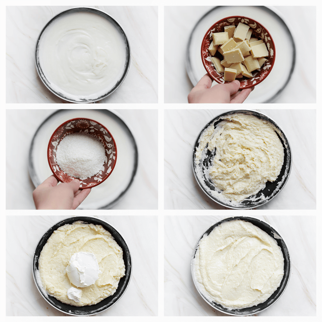 Verhit de melk samen met de maïzena, suiker en vanillesuiker op middelhoog vuur. Roer tot het dikker wordt. Haal de pan van het vuur en voeg de fijngehakte witte chocolade toe. Meng goed. Voeg als laatste de geraspte kokos toe en meng tot een geheel.