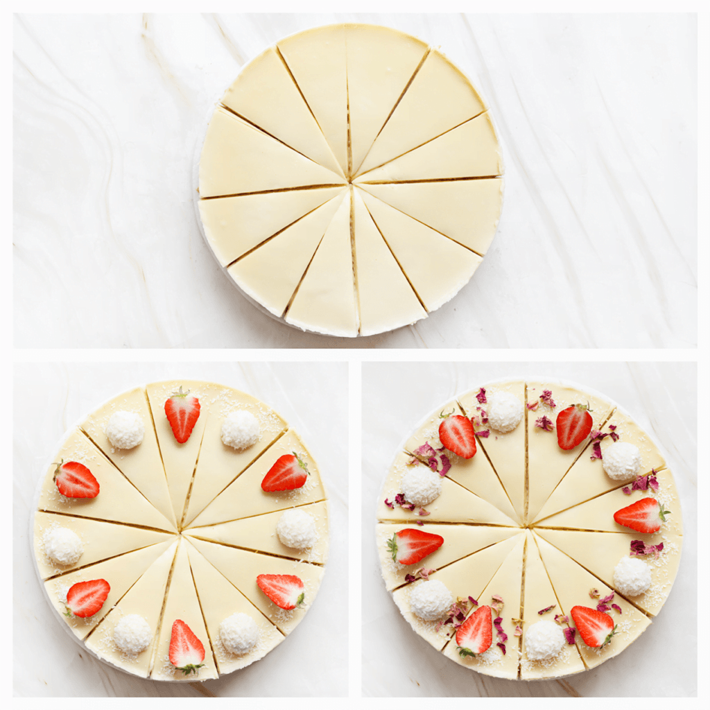 Snijd de kokos-chocoladetaart in puntjes. Indien gewenst, kun je deze taart garneren met stukjes aardbei, Raffaello en rozenblaadjes.