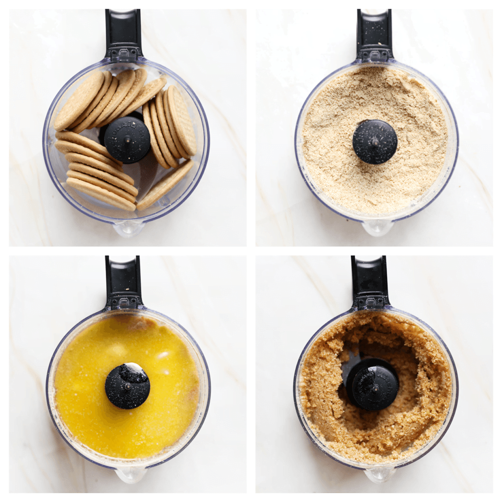 Doe de Maria biscuit in een hakmolen en maal deze fijn. Voeg de gesmolten roomboter toe en maal tot een geheel.