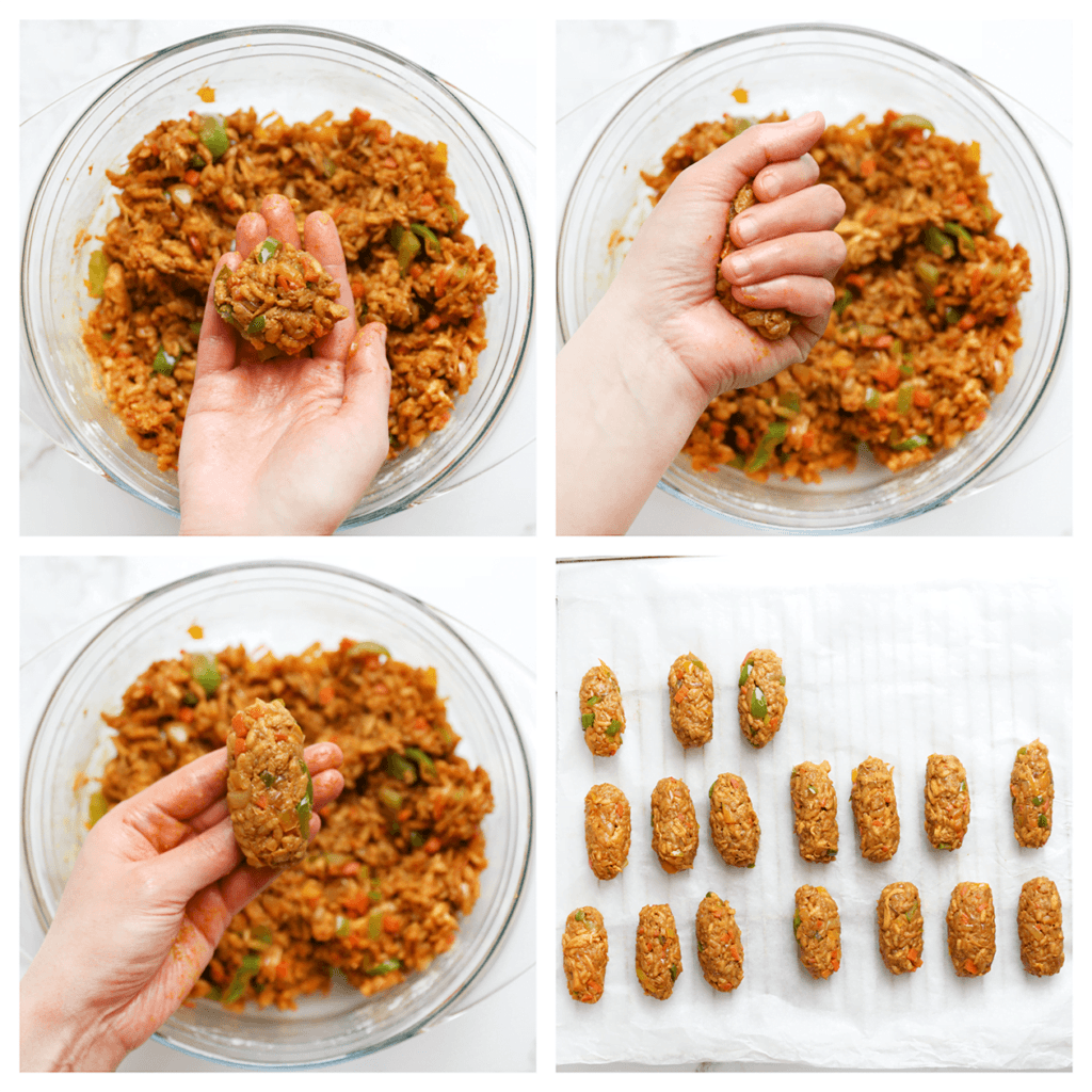 Neem wat van het rijstmengsel (45 gram) en vorm het tot een ovaalvormige of andere gewenste vorm. Leg het op een vel bakpapier. Herhaal dit totdat al het mengsel is gebruikt.