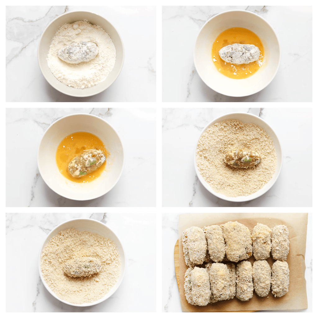 Breek het ei boven een kom en kluts het goed. Doe de panko broodkruimels in een andere kom. Neem het kroketje en haal het achtereenvolgens door het eimengsel en de panko broodkruimels. Herhaal dit totdat alle kroketjes zijn bedekt. Voor een extra krokante bite kun je deze stap herhalen. Ik heb ze eenmaal hierdoor gehaald. Leg de nasikroketjes op een vel bakpapier en leg ze voor 30 minuten in de vriezer, maar het mag ook langer.