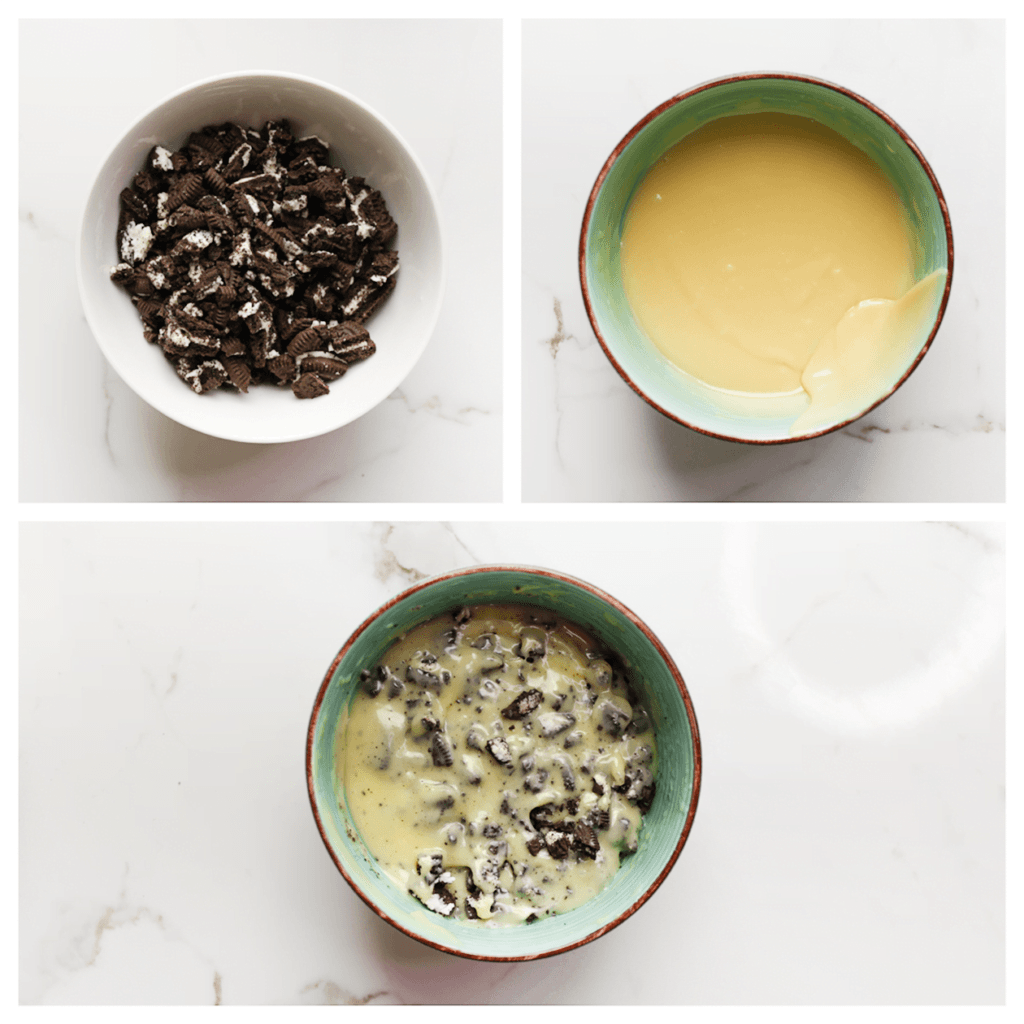 Hak de oreo’s in stukken. Voeg de oreo's toe aan de witte chocoladeganache en meng goed.