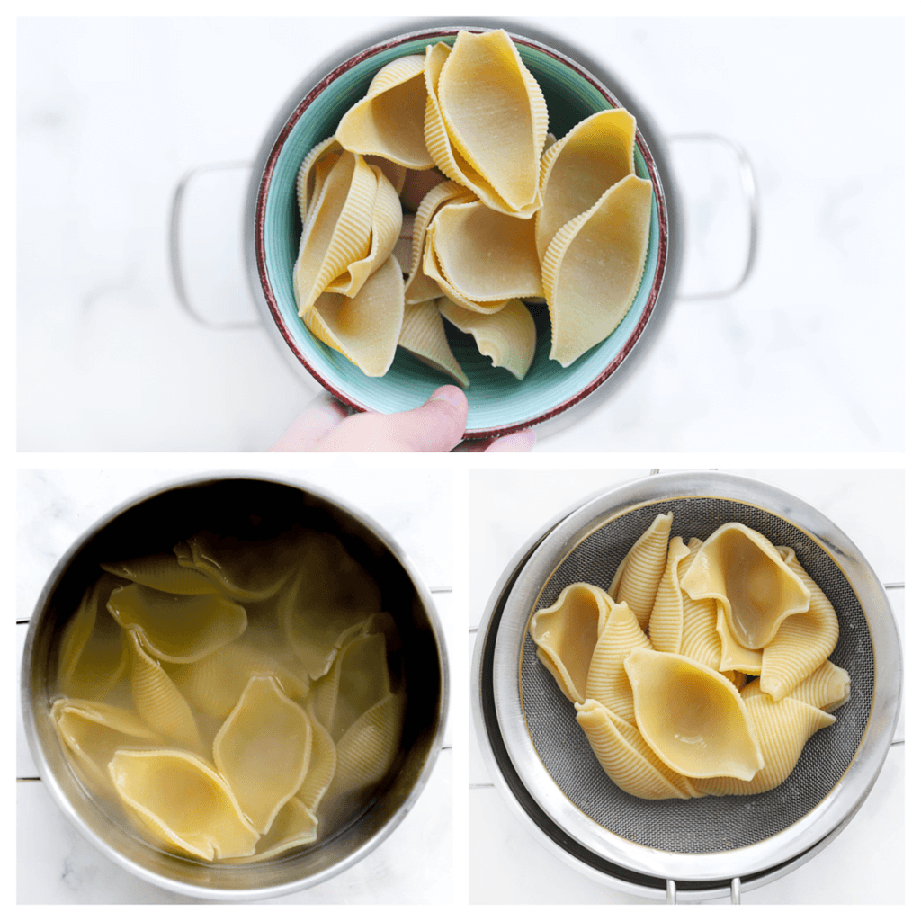 Breng een pan met halfvol water aan de kook. Voeg het zout en de pastaschelpen toe. Kook tot de pastaschelpen zacht zijn. Laat het water uitlekken.