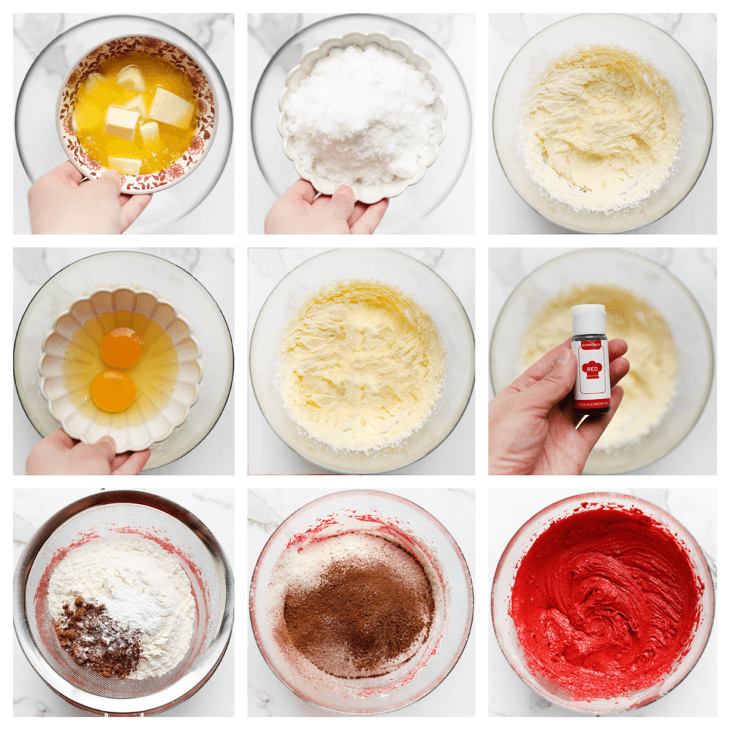 Doe de zachte roomboter samen met de witte basterdsuiker, vanillesuiker en het zout in een diepe kom. Mix tot een gladde massa. Breek de eieren één voor één boven de kom en mix goed. Voeg de rode kleurstof gel toe en mix opnieuw. Zeef de bloem, het bakpoeder en cacaopoeder boven de kom. Mix tot een geheel.