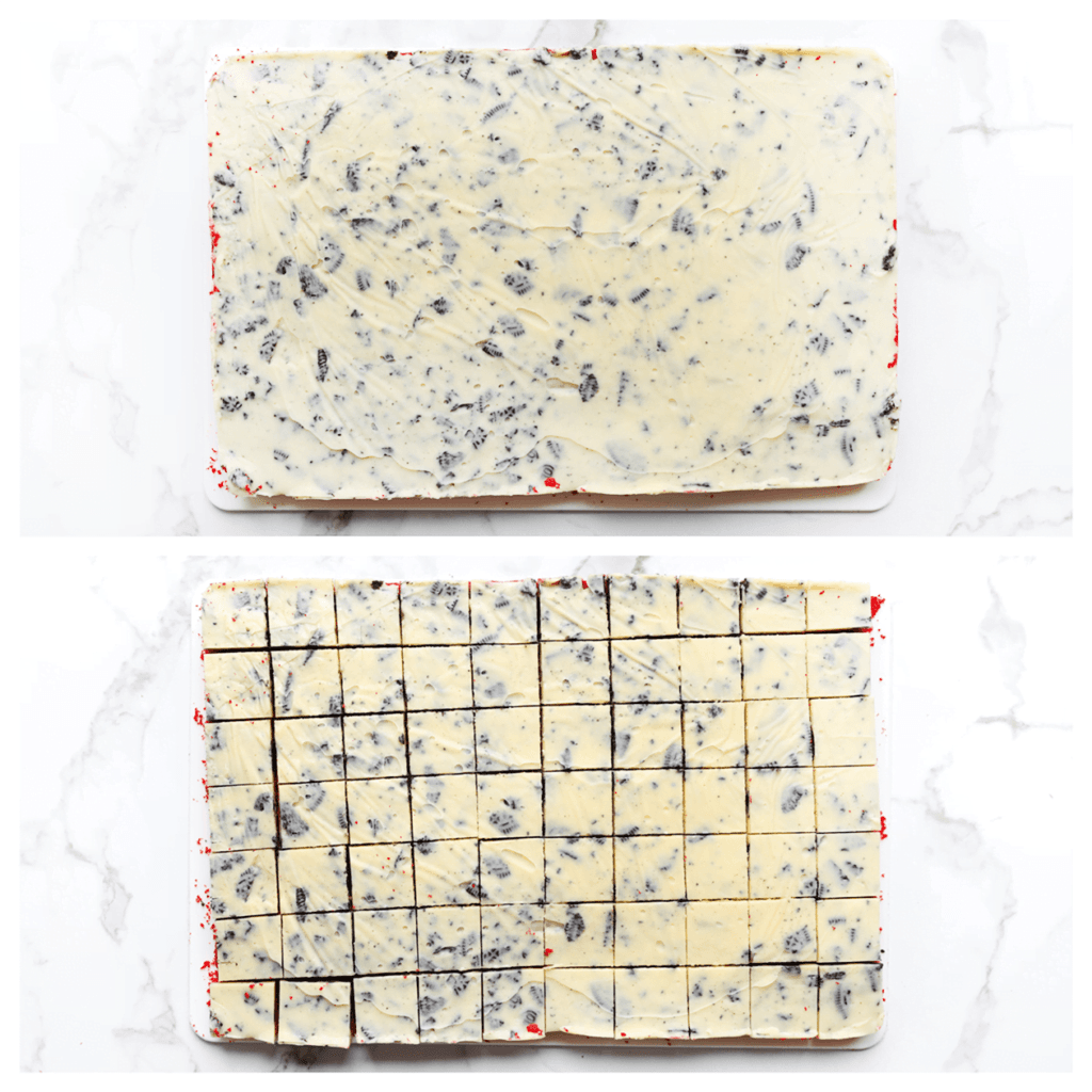 Snijd de red velvet browniecake in kleine blokjes en leg ze even in de vriezer zodat ze goed koud worden (zo wordt de chocolade snel hard en worden ze mooi).