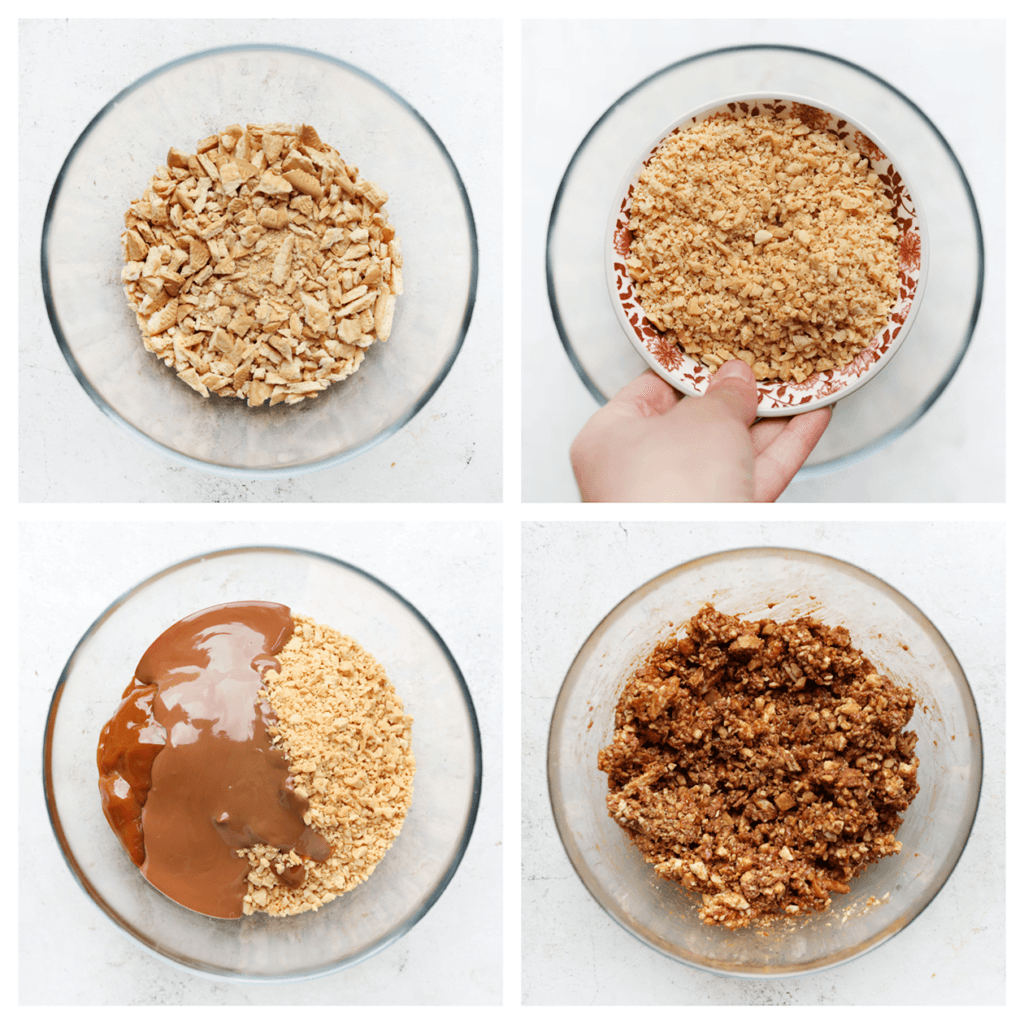 Doe de maria biscuit, samen met de pinda's, karamel en melkchocolade in een diepe kom. Meng goed.