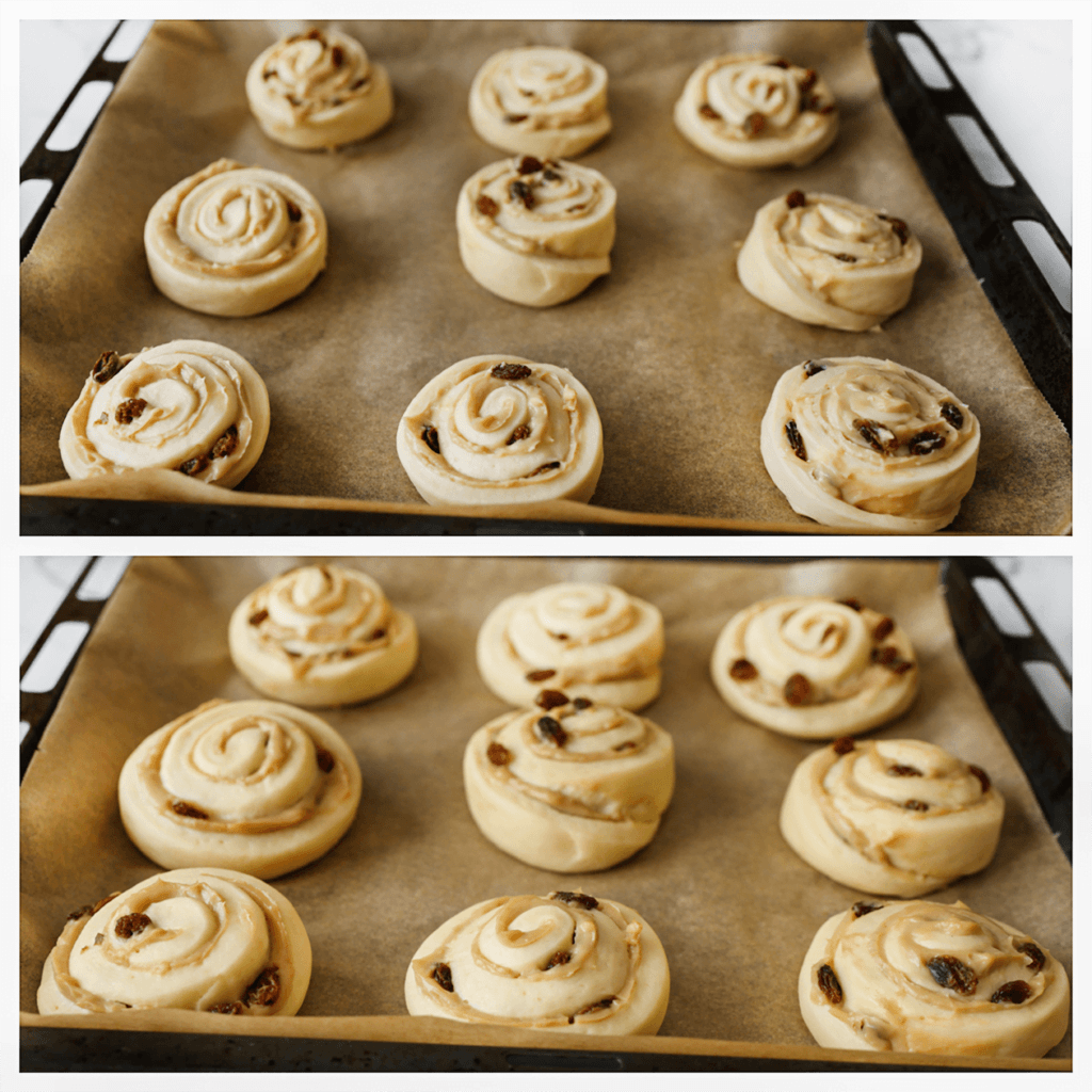 Leg de broodjes op een bakplaat met bakpapier. Laat 30 minuten rijzen of tot het deeg in grootte is verdubbeld.