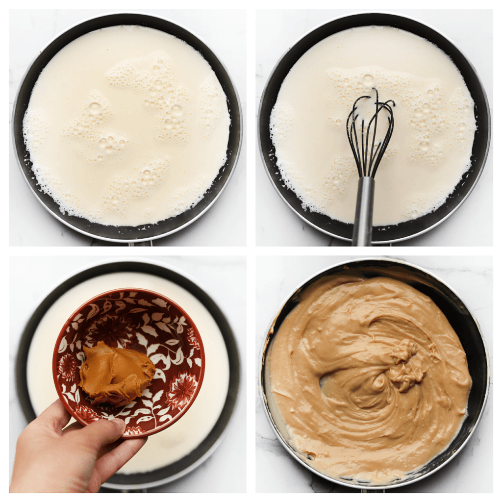 Doe het melk-eimengsel in een koekenpan. Kook tot het dikker wordt. Blijf er wel steeds bij staan om te roeren. Haal de pan van het vuur en voeg de speculoospasta toe. Meng goed.