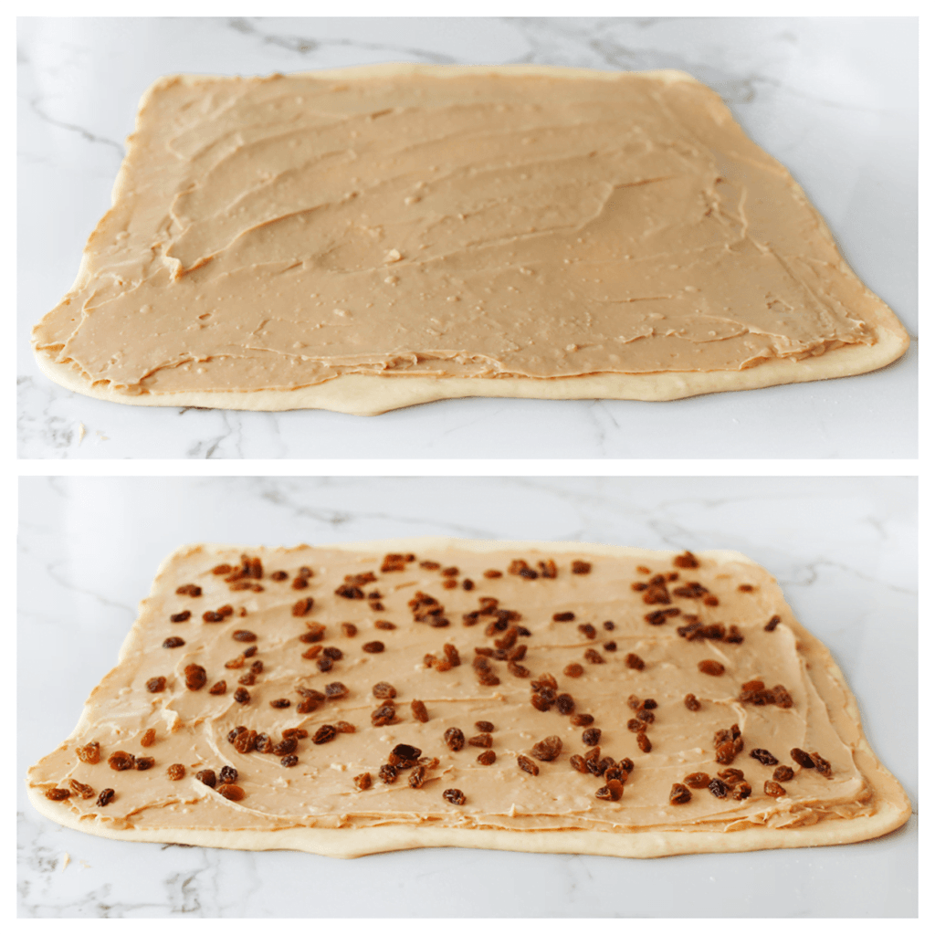 Smeer het speculoosmengsel uit over het deeg en strooi er wat rozijnen op. 