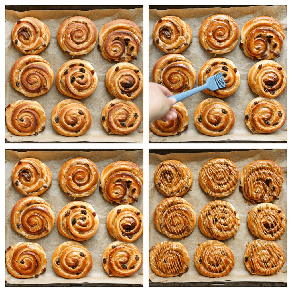 Smeer de suikersiroop over de speculoosbroodjes en garneer ze met de speculoospasta.