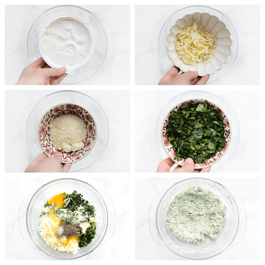 Doe de ricotta samen met de geraspte mozzarella, Parmezaanse kaas, gehakte verse spinazie, het ei, zout en zwarte peper in een diepe kom. Meng goed.