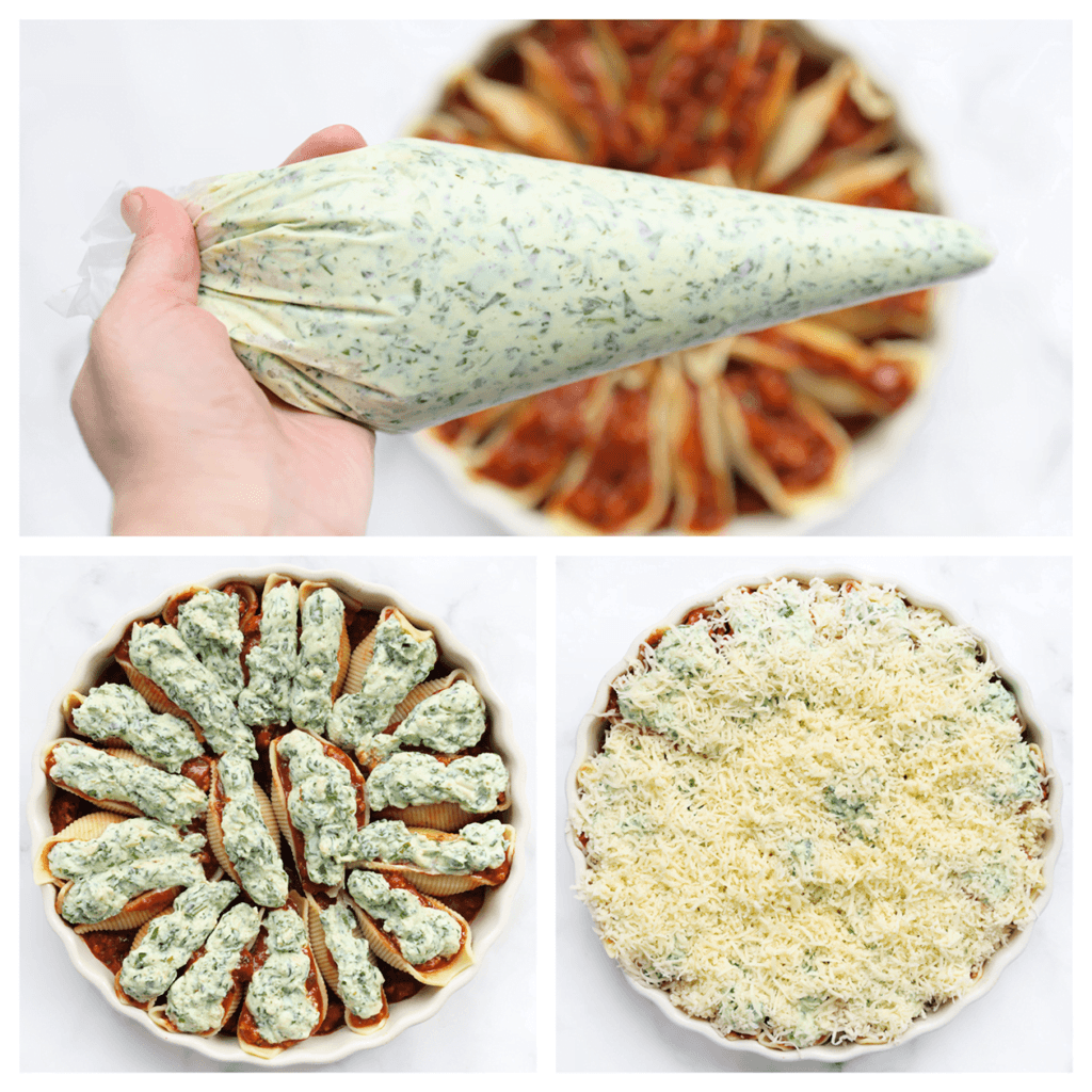 Garneer met een laagje van het spinaziemengsel en top het af met geraspte kaas. Zet de ovenschotel in een voorverwarmde oven op 200 ℃. Bak gedurende 18-25 minuten.