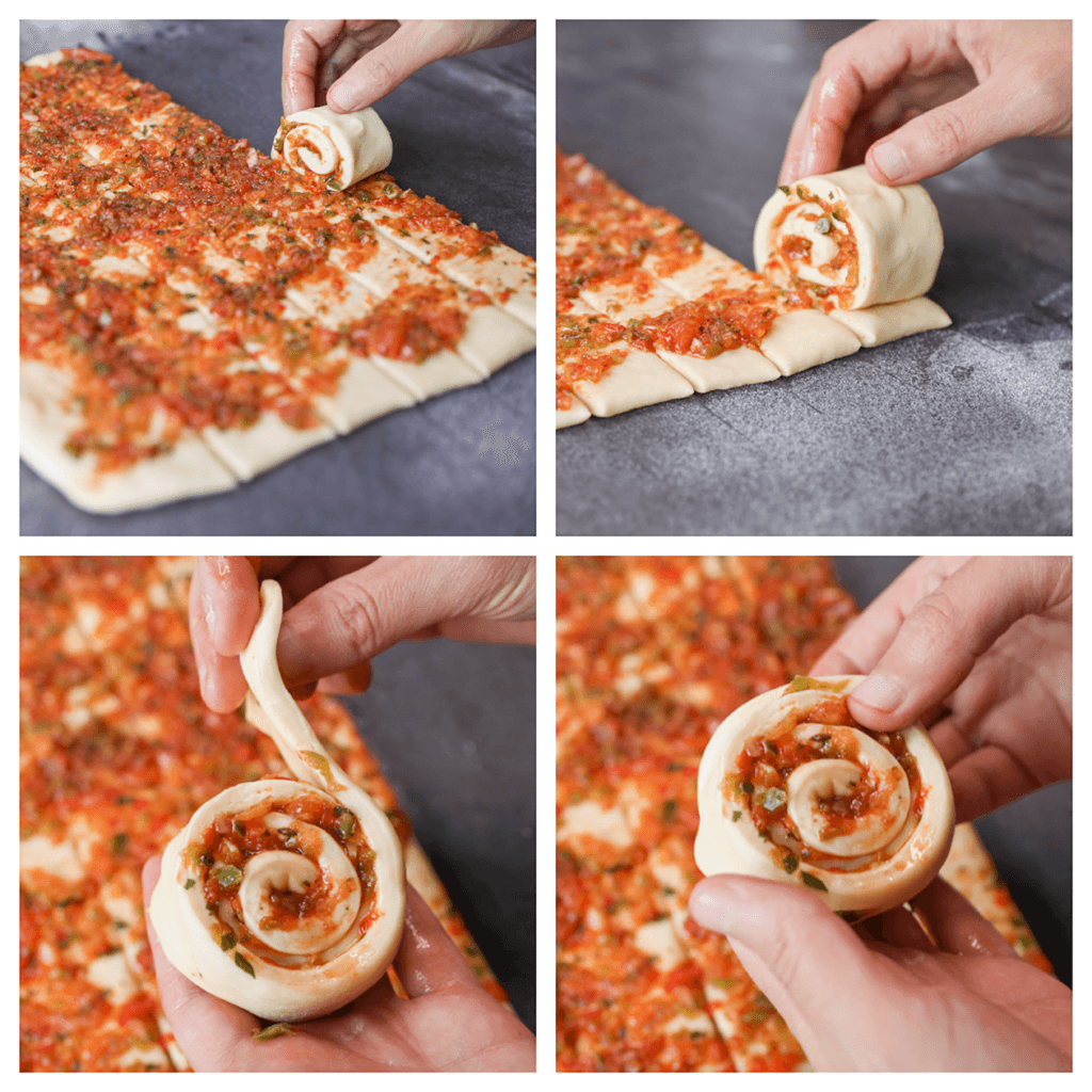 Rol elke strook op en schuif het eind goed onder het deeg.