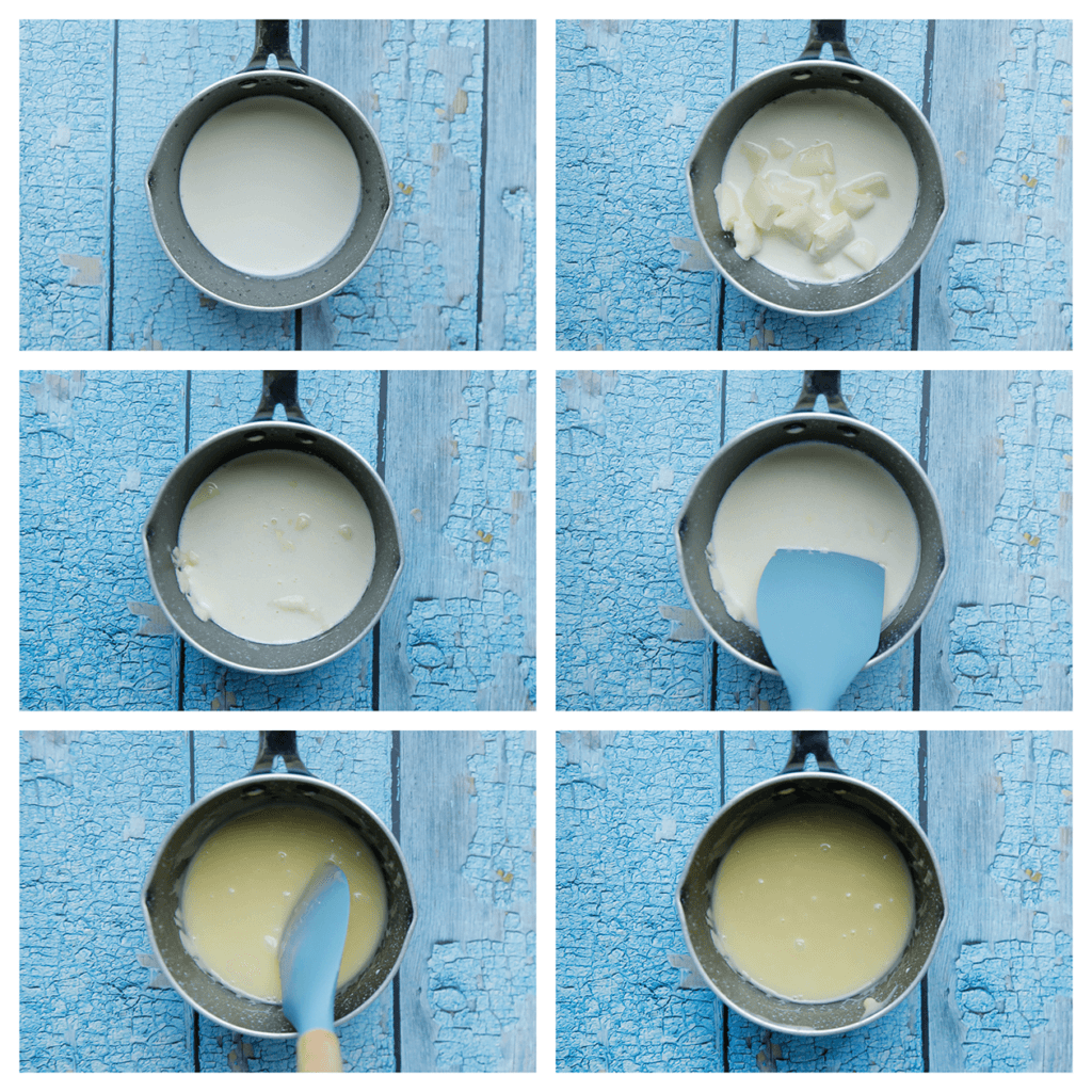 Breng de ongeklopte slagroom tegen de kook aan. Voeg de stukgemaakte witte chocolade toe. Laat 1 minuut staan. Meng tot een gladde massa.