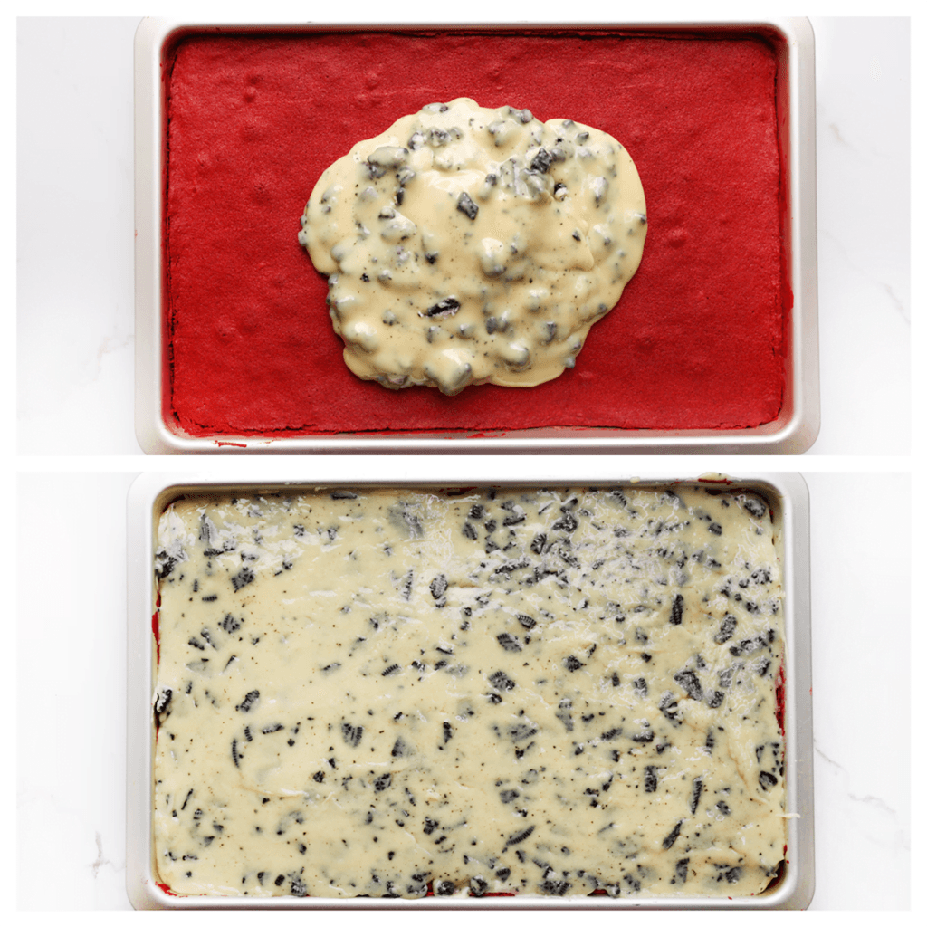 Schep het oreo-mengsel bovenop de red velvet browniecake en verdeel dit gelijkmatig. Zet afgedekt in de koelkast totdat de ganache stevig is.
