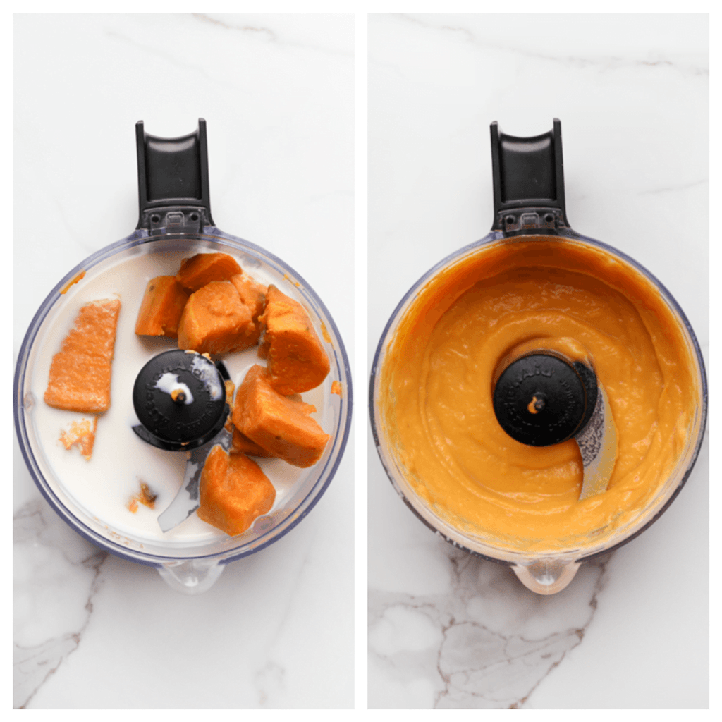 Doe de gekookte zoete aardappel samen met de melk en het water in een hakmolen. Maal het geheel fijn.