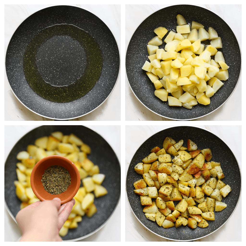 Verhit een koekenpan op middelhoog vuur. Voeg de aardappels en het zout toe. Bak ze goudbruin. Haal de pan van het vuur en voeg de Italiaanse kruiden toe. Meng goed en laat het afkoelen.