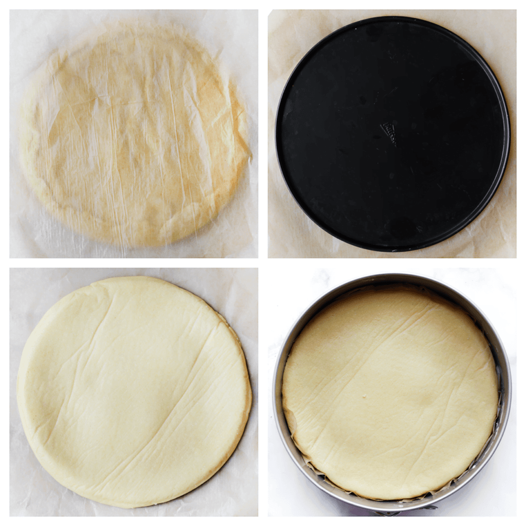 Neem een vel bakpapier en leg dit boven op de gevulde harcha, met daarop de onderkant/bodem van de springvorm. Keer de harcha-taart om. Maak de springvorm weer goed dicht.