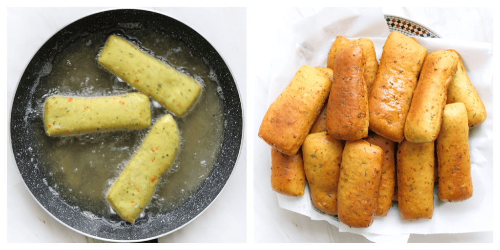 Verhit een laagje zonnebloemolie in een koekenpan op middelhoog vuur (175 °C). Bak de broodjes aan beide kanten in ca. 2-3 minuten mooi goudbruin. Controleer de temperatuur eerst door er een klein stukje deeg in te gooien. Wanneer deze binnen 1 minuut bruin kleurt, is de zonnebloemolie goed op temperatuur. Laat de broodjes uitlekken op keukenpapier.