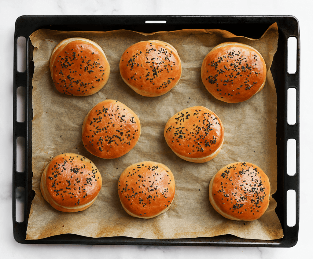 Zet de burgerbroodjes in een voorverwarmde oven op 200 °C. Bak ze gedurende 12-15 minuten. Houd de baktijd zelf in de gaten, aangezien elke oven anders werkt.