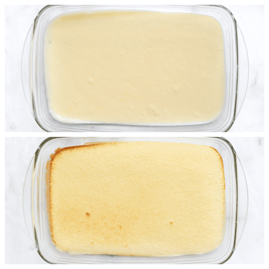 Doe de helft van het cakebeslag in een ovenschaal/bakvorm. Zet de cake in een voorverwarmde oven op 175 ℃ en bak gedurende 10 minuten.