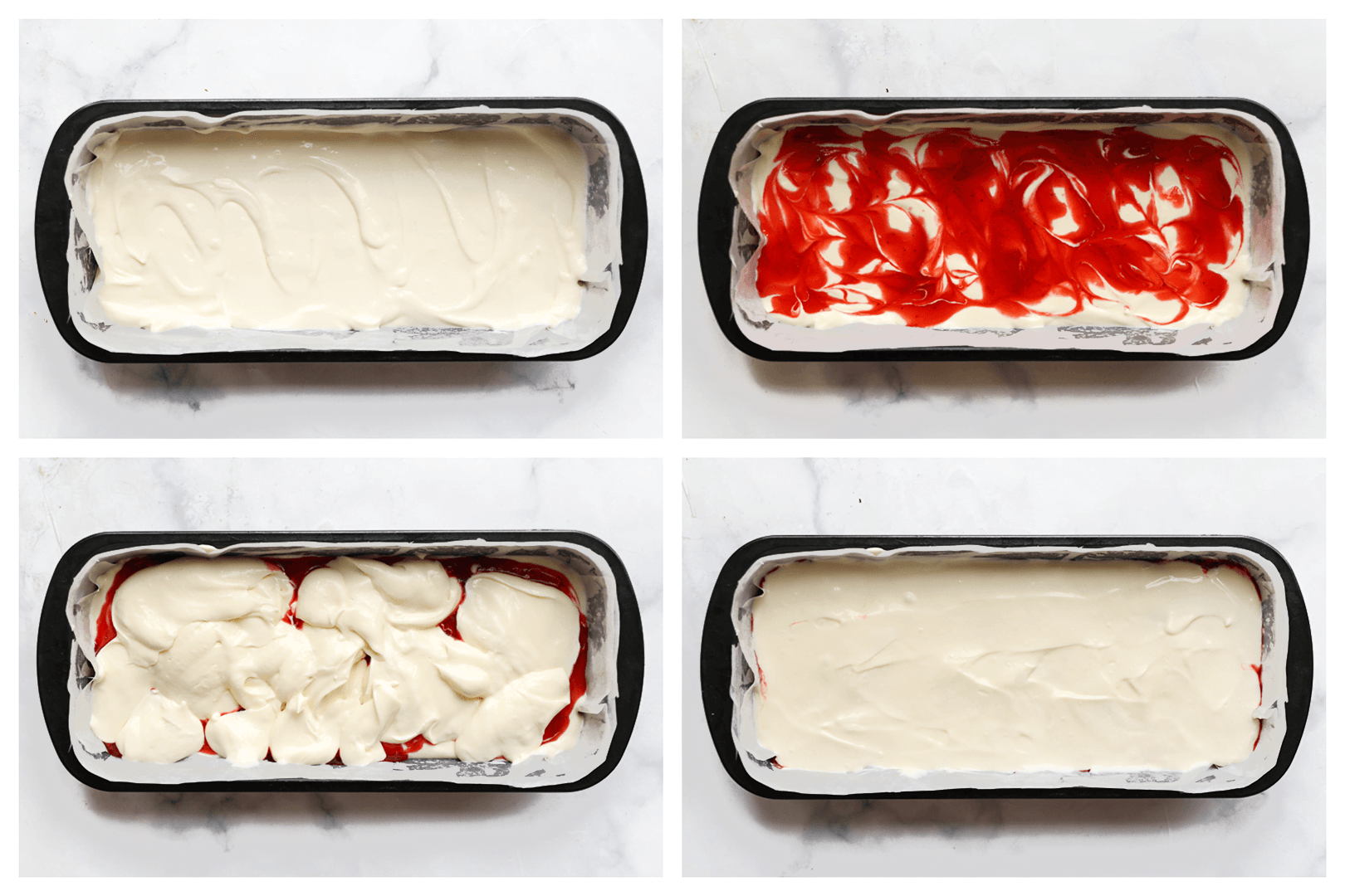 Cheesecakebeslag verdelen over een langwerpige springvorm en vullen met het aardbeienmengsel