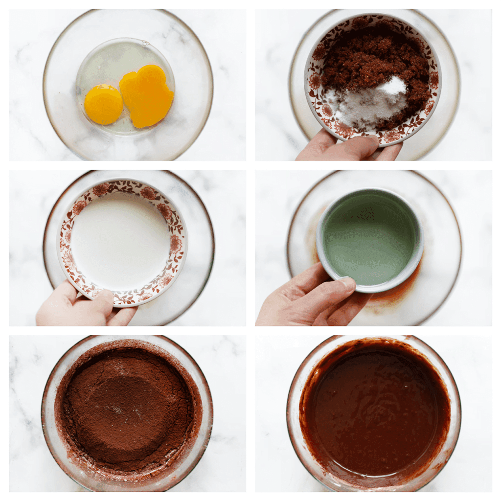 Neem een grote kom en klop de eieren, donkerbruine basterdsuiker, vanillesuiker en het zout samen tot een luchtig mengsel. Voeg de melk en zonnebloemolie toe aan het eimengsel en mix alles goed samen. Zeef het cacaopoeder, de bloem en het bakpoeder boven het mengsel. Mix op lage snelheid totdat alle ingrediënten goed zijn gecombineerd en er een glad beslag ontstaat. Zorg ervoor dat er geen klontjes meer zijn.