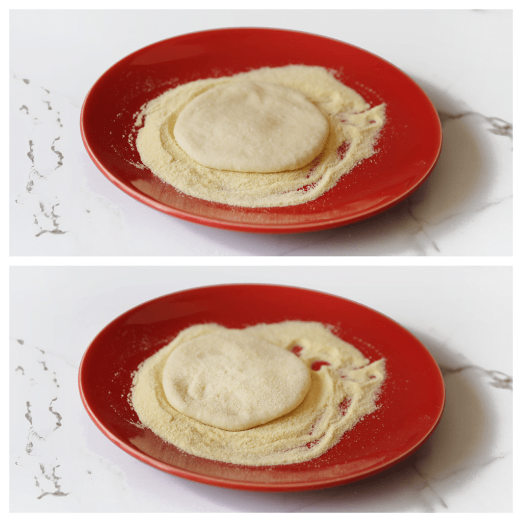 Doe wat fijne griesmeel op een bord en haal het deeg erdoorheen.