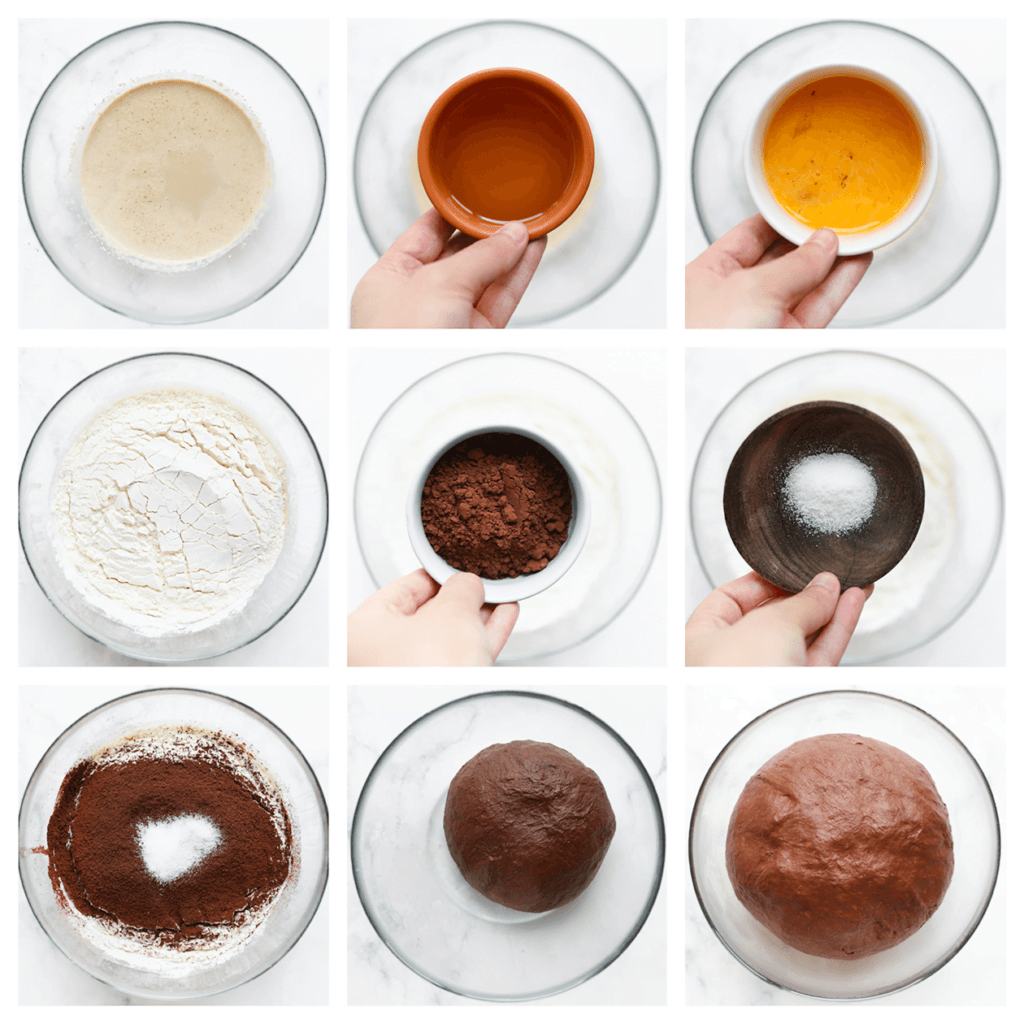 Voeg het geklutste ei toe en meng goed. Voeg de zonnebloemolie toe en meng tot een geheel. Voeg de bloem toe en zeef het cacaopoeder boven de kom. Voeg tot slot het zout toe. Meng goed en kneed het deeg 10-12 minuten. Dek het deeg af en laat het 1 uur rijzen op een warme plek in huis of tot het deeg in formaat is verdubbeld.