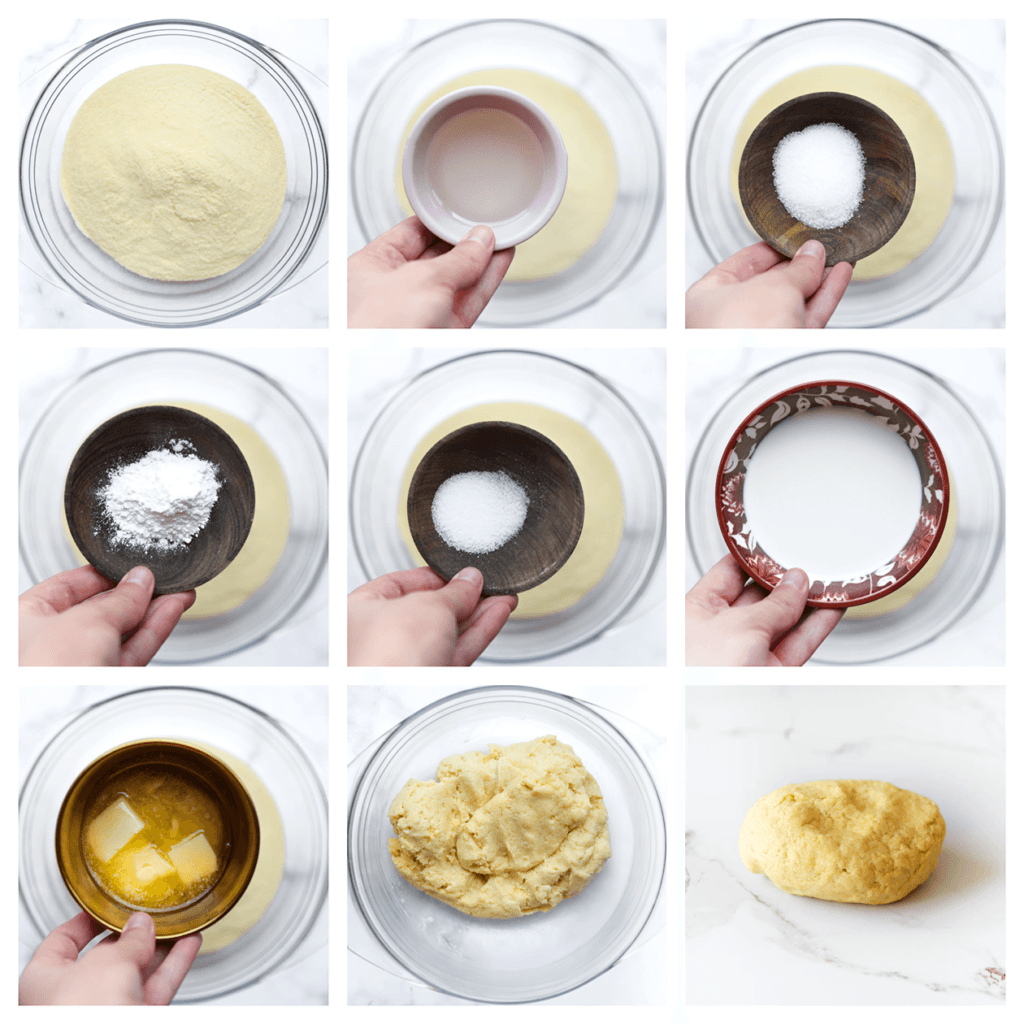 Doe de fijne griesmeel samen met de suiker, het bakpoeder, zout, zonnebloemolie, melk en gesmolten roomboter in een diepe kom. Meng goed en kneed tot een mooi geheel.