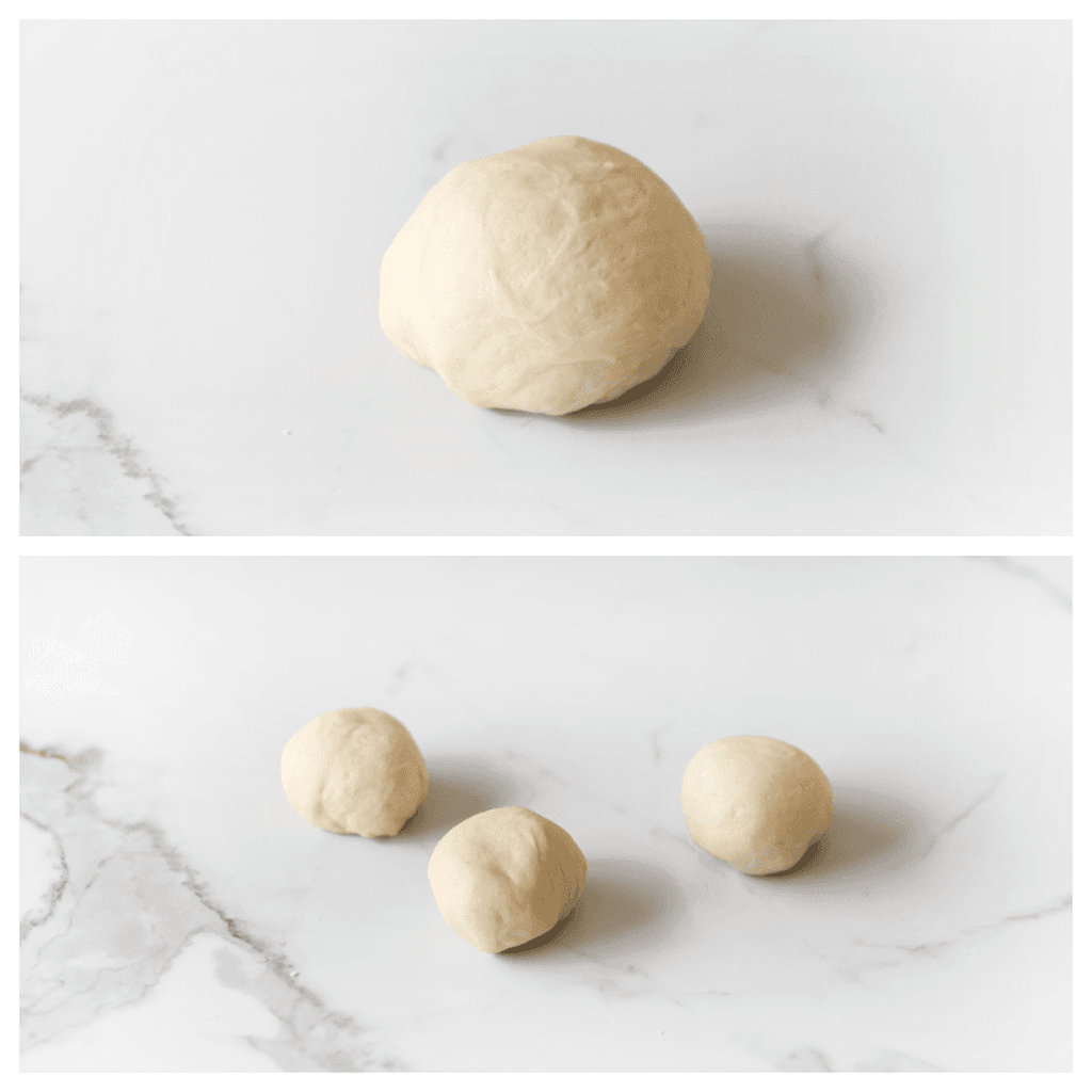 Neem een bolletje deeg en verdeel dit weer in 3 stukken. Vorm ze mooi rond.