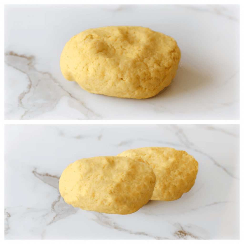 Verdeel het deeg in 2 stukken (50/50).