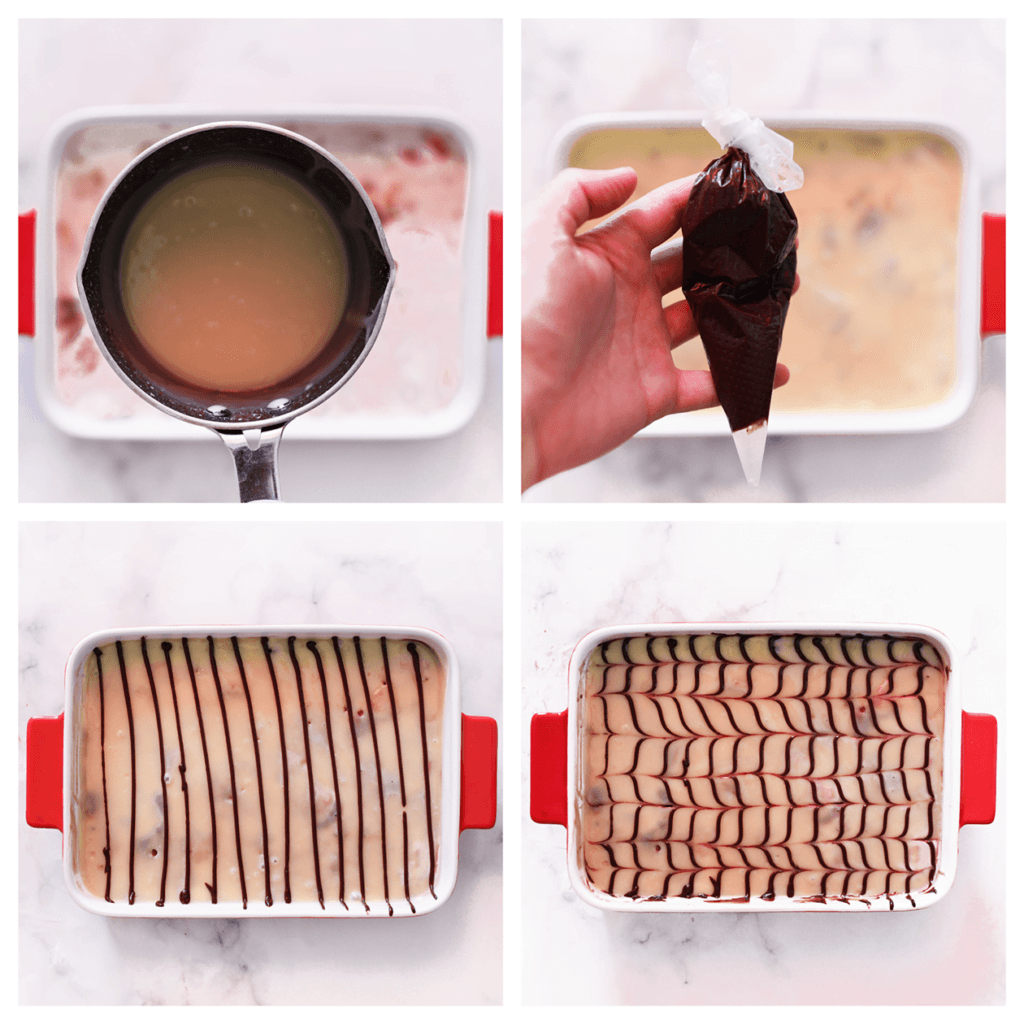 Giet de witte chocolade ganache over het roommengsel en laat het gelijkmatig uitvloeien.