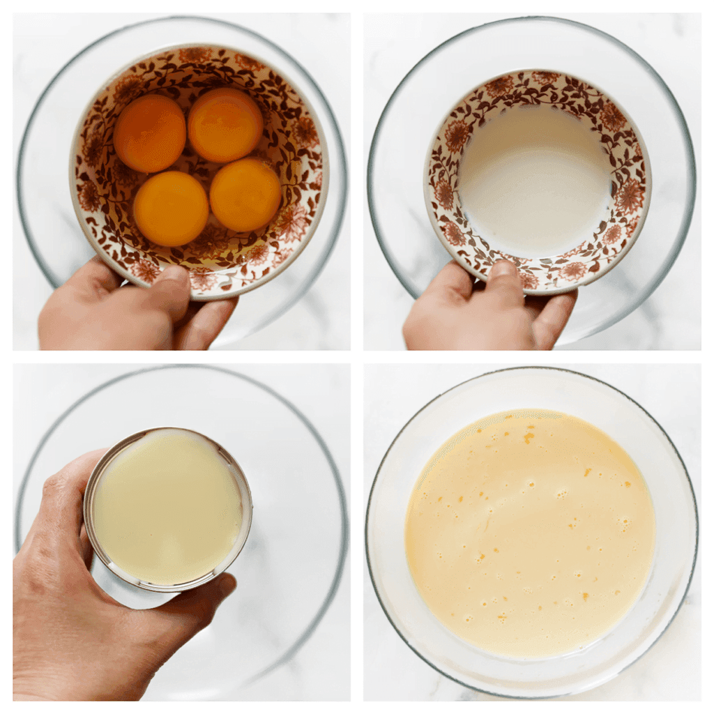 Neem een kom en breek de eieren erin. Klop de eieren lichtjes op. Voeg de melk, gecondenseerde melk en vanillesuiker toe aan de kom met de eieren. Meng alles goed samen tot een glad mengsel.