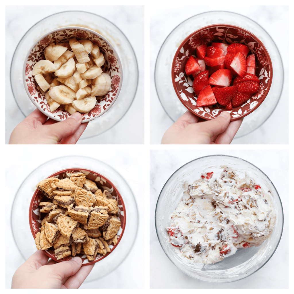 Voeg de banaan, aardbei en koek toe aan de room. Meng alles goed door elkaar.