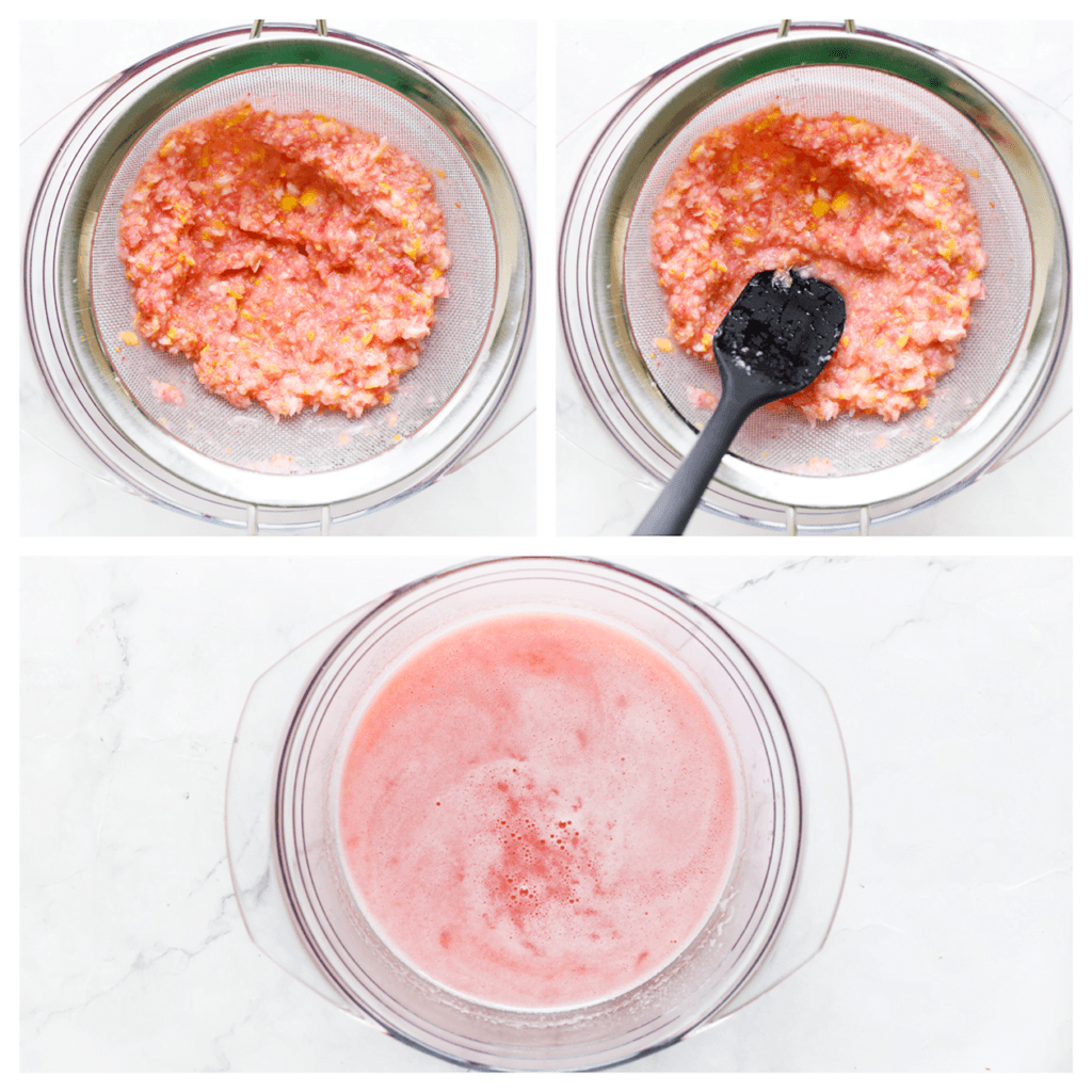 Haal het fruitsap door een zeef boven een kom om de restanten eruit te filteren.
