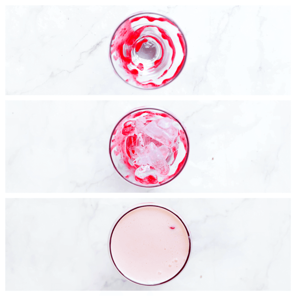 Neem een glas en decoreer de binnenkant met de frambozenjam. Voeg ijsblokjes toe en giet vervolgens de frisse frambozenshake in het glas.